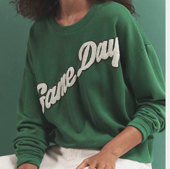 Maeve Tops - Maeve Anthropologie Green Game Day Embroidered Crewneck Sweatshirt S